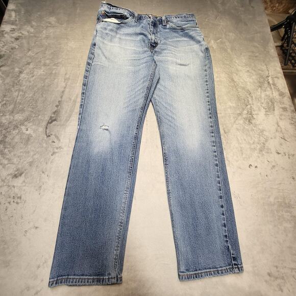 Levis 501 Jeans Mens 34x30 Blue Button Fly Straight Leg Distressed Denim Pants - Picture 1 of 9